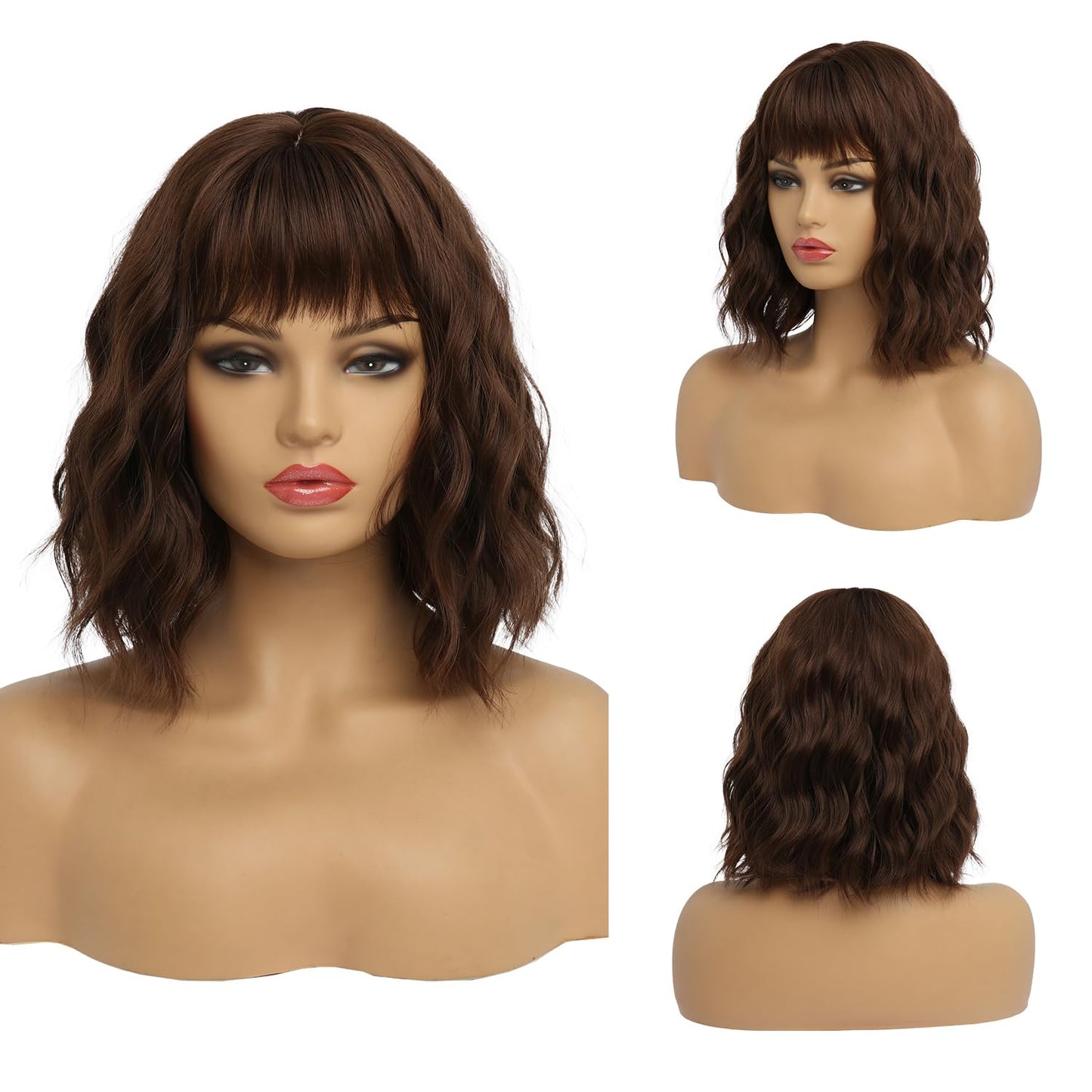 EssionTech Short Chocolate Brown Wigs for Women Dark Brown Wavy Bob Wig with Bangs Medium Lenth Synthetic Natural Hair Wigs for Daily Party Use(14 Inch)