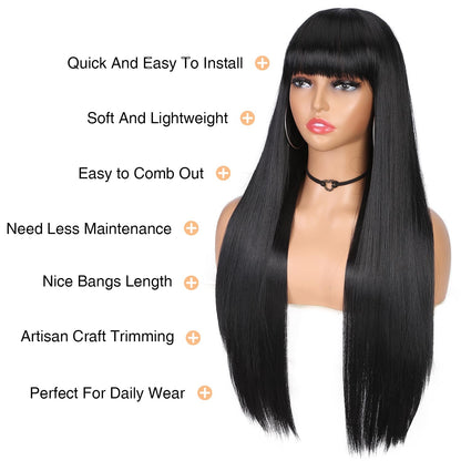 WIGER Long Black Wigs with Bangs Straight Black Hair Dye Wig for Women Long Bangs wig Full Black Cosplay Wig for Girls Synthetic Heat Resistant Natural Hair for Daily or Costumes (1B with Bangs)