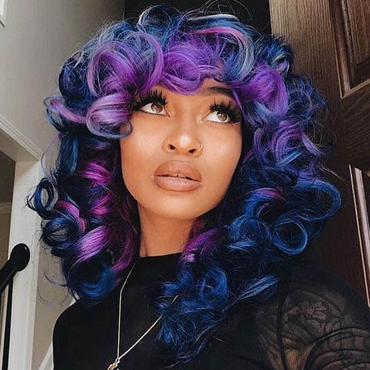 andromeda Short Curly Wigs for Black Women Soft Mixed Blue Purple Big Curly Wig with Bangs Cute Loose Curly Cosplay Party Daily Synthetic Wig for African American Women（Mixed Blue Purple）