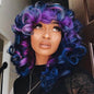 andromeda Short Curly Wigs for Black Women Soft Mixed Blue Purple Big Curly Wig with Bangs Cute Loose Curly Cosplay Party Daily Synthetic Wig for African American Women（Mixed Blue Purple）