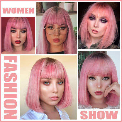 WERD Short Pink Bob Wig for Women Ombre Pink Wig With Bangs Synthetic Hair Straight Pink Bob Wig for Daily Party Cosplay