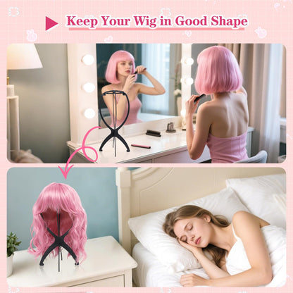 Seewaazee 2 Pack Wig Stand, Wig Head Stand Portable Wig Holder for Multiple Wigs, Wig Stands Tripod for Styling Wig Storage, Black two Packs