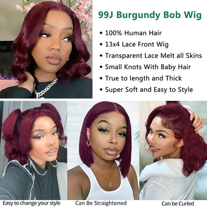 99J Burgundy Bob Wig Human Hair 13x4 Frontal Lace Wig 16 Inch Body Wave HD Lace Front Wigs Human Hair Pre Plucked 180% Density Glueless Wine Red Bob Wigs for Women (99J Burgundy, 16 Inch)