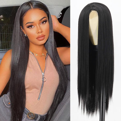 Xinran Long Straight Black Wigs for Women, Synthetic Black Straight Wig, Looking Natural Black Long Hair Wigs 30 inch(Black)