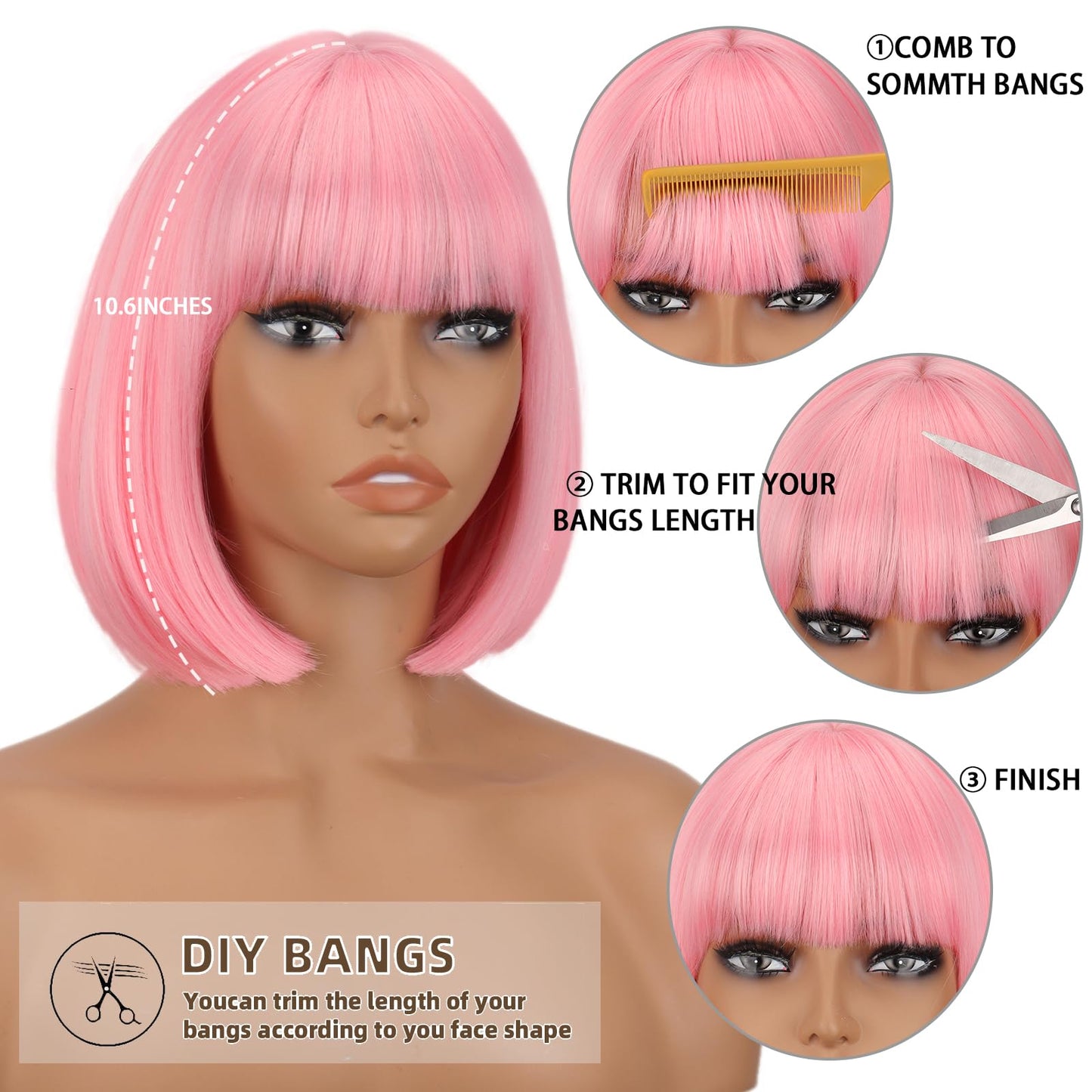 WERD Short Pink Bob Wig for Women Light Pink with Bangs Synthetic Hair Straight Bob Wig for Daily Party Cosplay