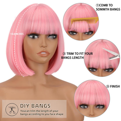 WERD Short Pink Bob Wig for Women Light Pink with Bangs Synthetic Hair Straight Bob Wig for Daily Party Cosplay