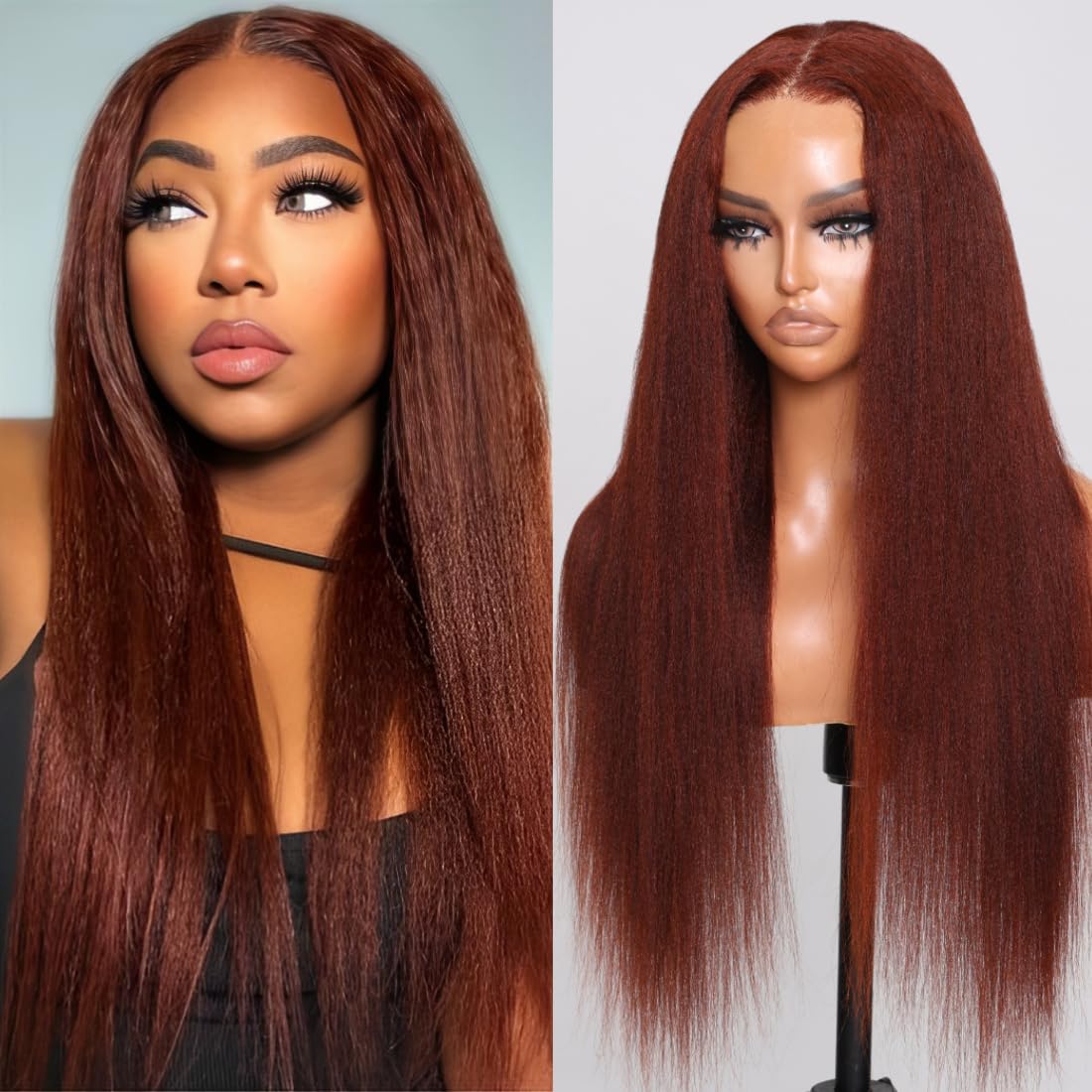 UNICE Bye Bye Knots Glueless Wig Reddish Brown Yaki Straight 7x5 Pre Cut Lace Glueless Wigs Human Hair Pre Plucked Pre Bleached Invisible Knots Human Hair Wig 14 inch