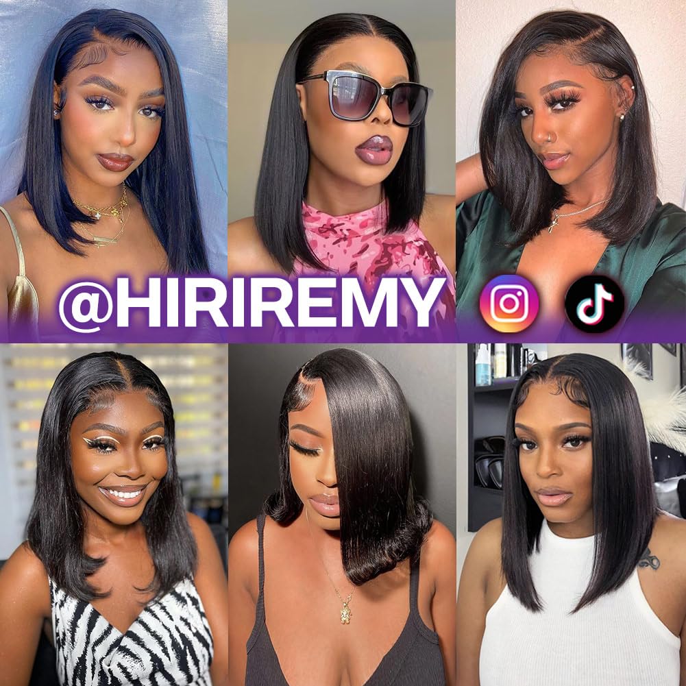 HIRIREMY Bob Wig Human Hair 13x4 HD Lace Frontal Short Straight Lace Front Bob Wigs for Black Women Human Hair Pre Plucked Glueless Side Part 180% Density Black Color 14 Inch