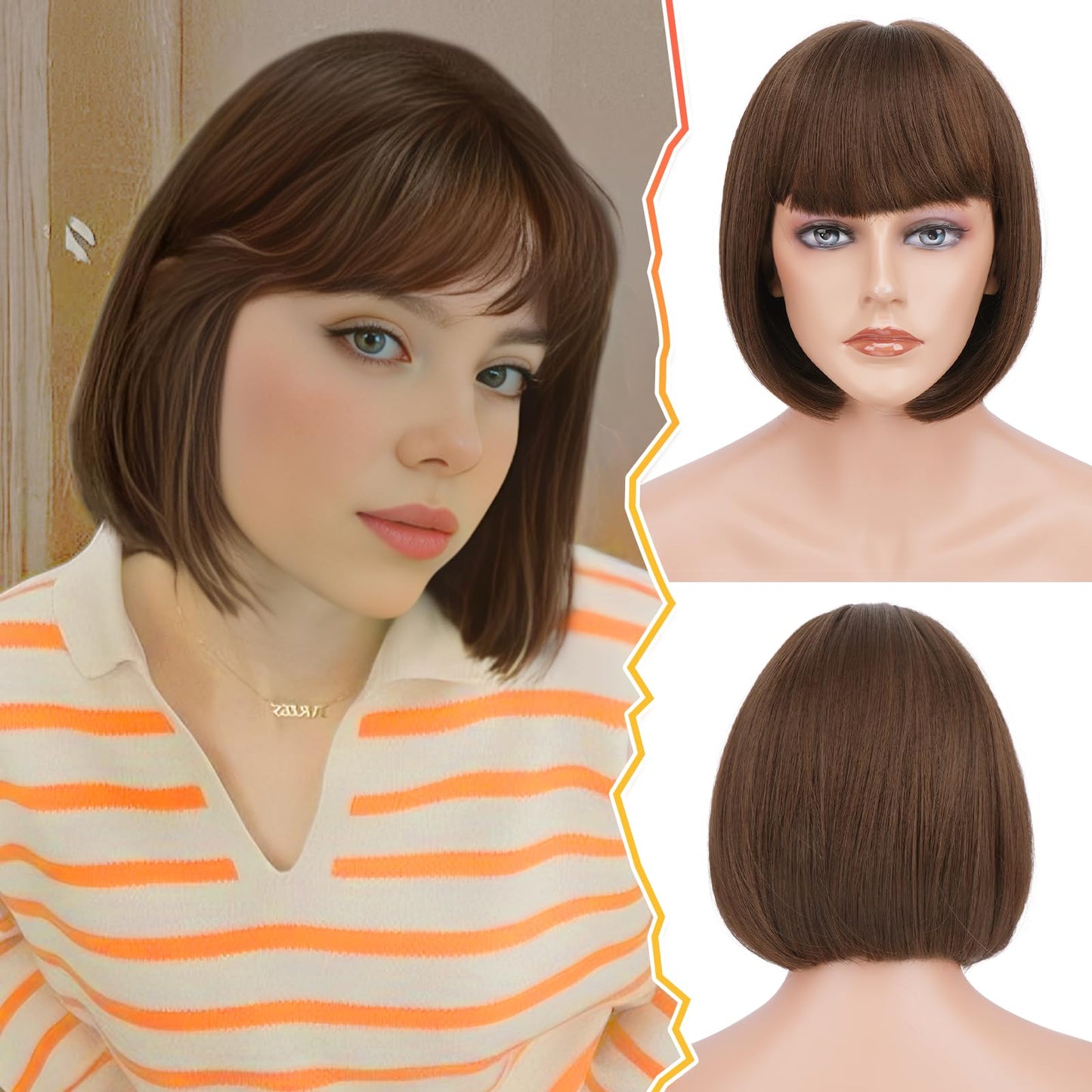 BARSDAR Short Brown Bob Wig With Bangs - Short Brown Bob with Bangs Wig for Women - 12 Inch Natural Looking Soft Synthetic Hair Replacement Wigs Velma Kelly Costume Dora Wigs Daily Party Halloween