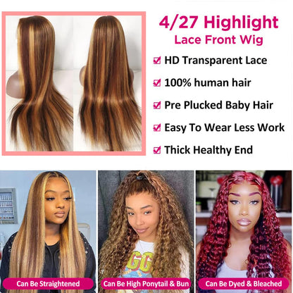 Healthair Ombre Lace Front Wigs Human hair Highlight 4/27 Honey Blonde Lace Front Wig 180% Density Straight Human Hair Wig 13x4 HD Transparent Lace Wigs for Black Women (4/27, 20inch)