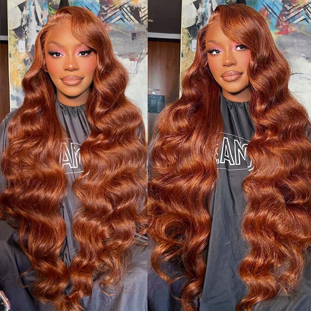 Daphernew 200 Density 13x6 Reddish Brown Lace Front Wigs Human Hair Pre Plucked 13x6 HD Transparent Body Wave Lace Front Wigs With Baby Hair Ginger #33 Colored Human Hair Wig For Women (22 Inch)