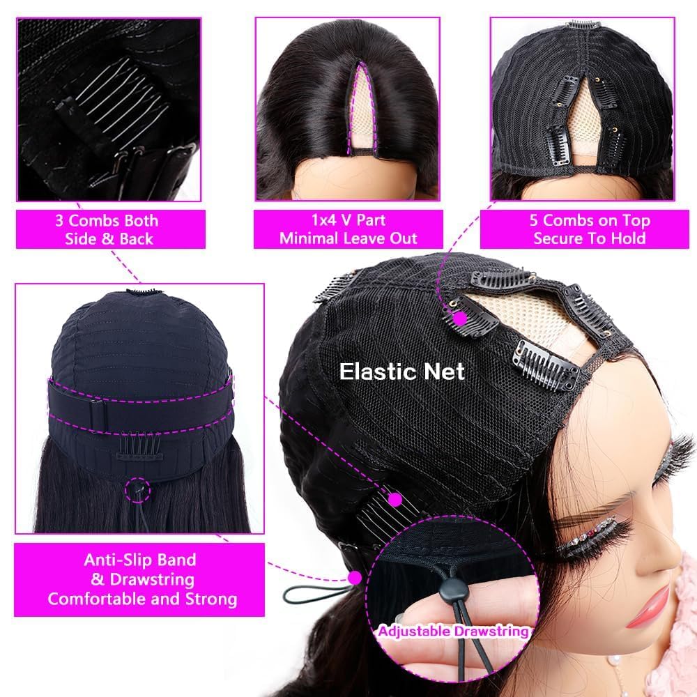 Dosacia V Part Wigs Body Wave Brazilian Virgin Human Hair Wigs For Black Women Upgrade U Part Glueless Wigs Full Head Clip In Half Wig V Shape Wigs No Leave Out Lace Front Wigs 180% Density 14Inch