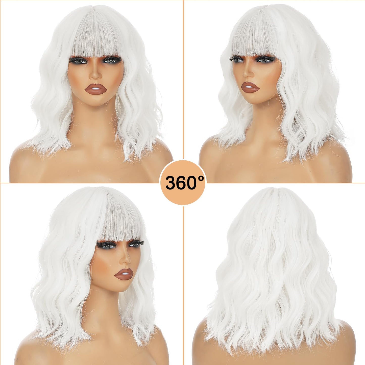 AGO White Wavy Wig with Bangs,Short Curly Bob Wig Shoulder Length 14Inch Synthetic Hair for Women Girl Heat Resistant Synthetic Colorful Wigs for Daily Party Halloween Cosplay Use(60#White)