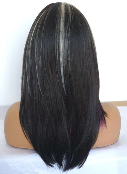 Layered Wigs for white women black white with purple wig medium length wigs for women Synthetic wig for white Women (Black white purple)