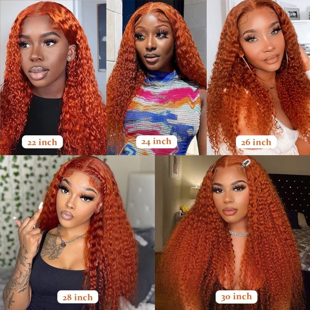 Daules Ginger Curly Lace Front Wigs Human Hair Deep Wave for Women 13x4 HD Transparent Pre Plucked Curly Wigs 180% Density Orange Colored Glueless Wig Super Soft True to length 34 Inch