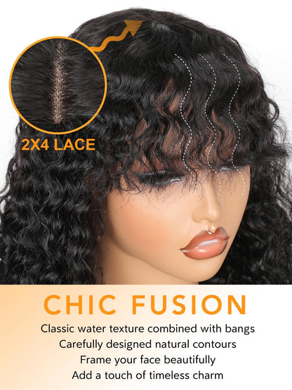 JuneMet 14 Inch Wig with Bangs Human Hair Bob Water Wave 2x4 HD Lace Closure Front Curly Wigs Human Hair Bang Wig Glueless Ready to Wear and Go for Beginners 100% Brazilian Human Hair for Black Women