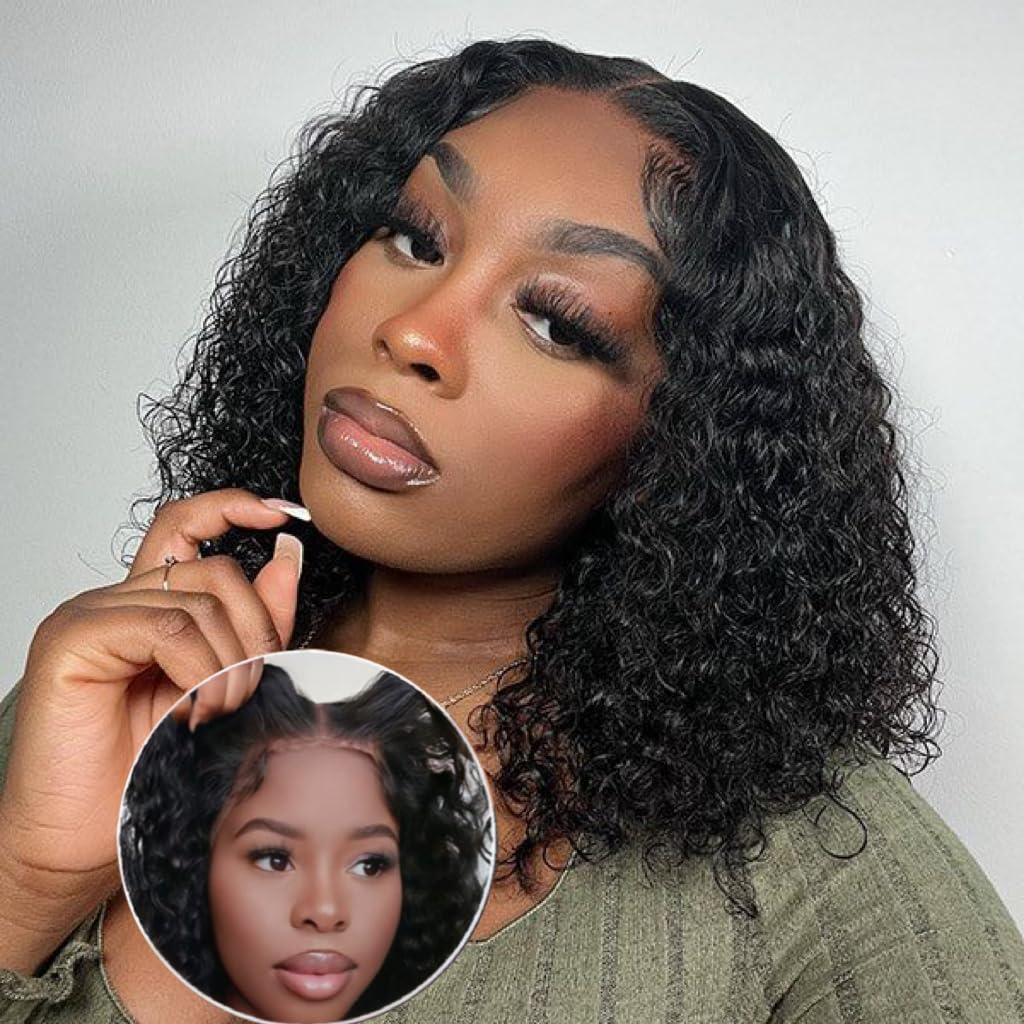 GIESWY Wear and Go Glueless Wigs Human Hair Pre Plucked Pre Cut for Black Women 4x4 Kinky Curly Bob Wig Human Hair Glueless 14 Inch 200% Density Natural Color