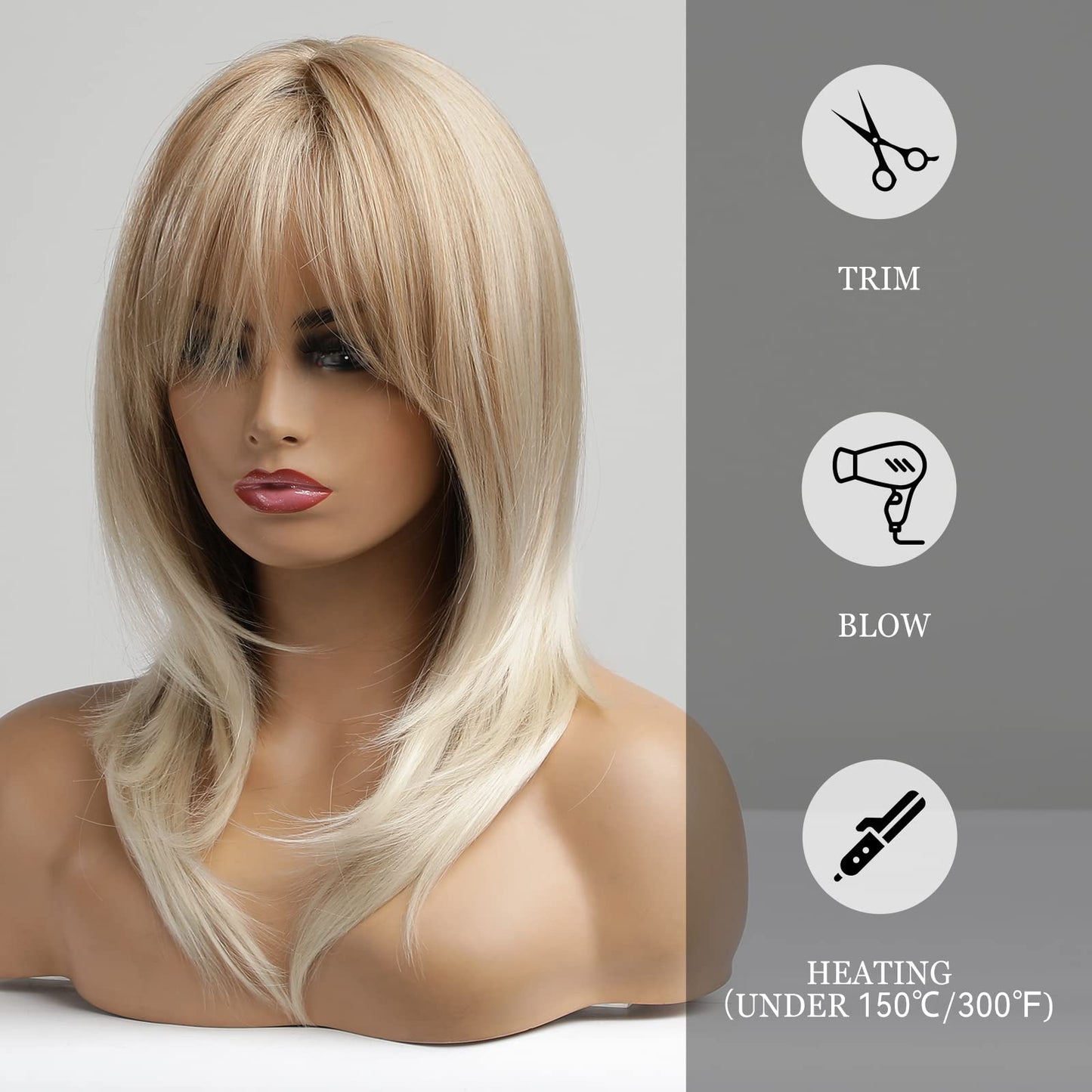 Alanhair Blonde Wigs for Women Shoulder-Length wig with Bangs,HAIRCUBE Synthetic Hair Layered Wigs Heat Resistant Fibre for Daily Party Use