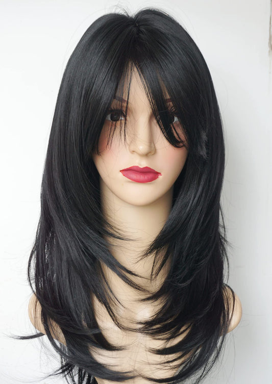 Black wig with bangs Layered Wigs for white Women black hair wig Synthetic Wigs Flow out Curl for White Women (Black)