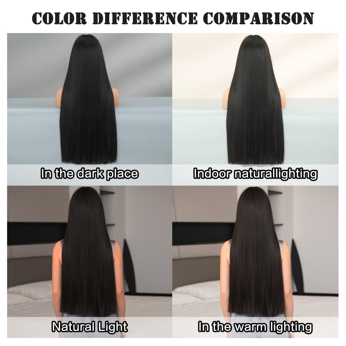 7JHH WIGS Long Straight Natural Black Wig with Bangs Heat Resistant Fiber Layered Synthetic Long Straight Wig for Cosplay Christmas Gifts Party Used