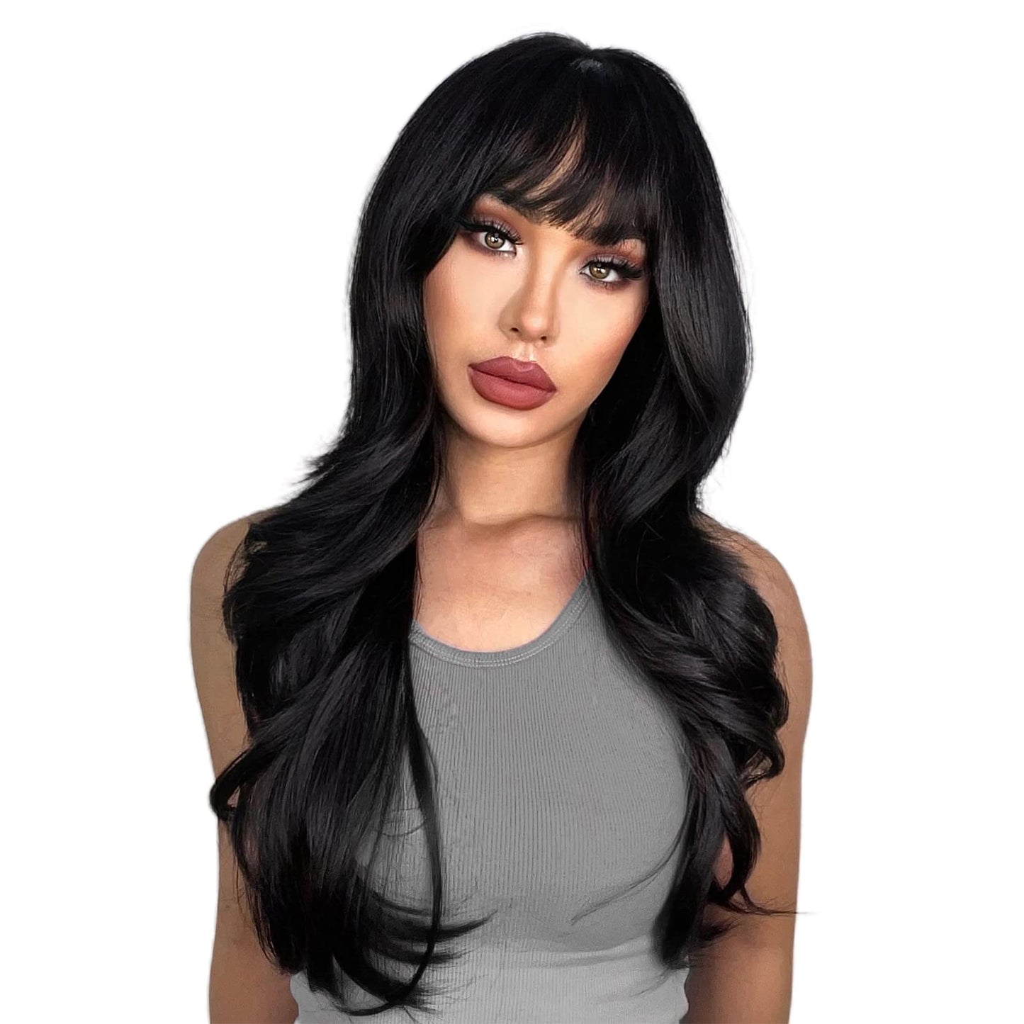 N NAYASA Long Black Wigs with Bangs Layered Wigs for Women Synthetic Heat Resistant Wig Natural Looking Realistic Wigs for Daily Party Use (24 inch)