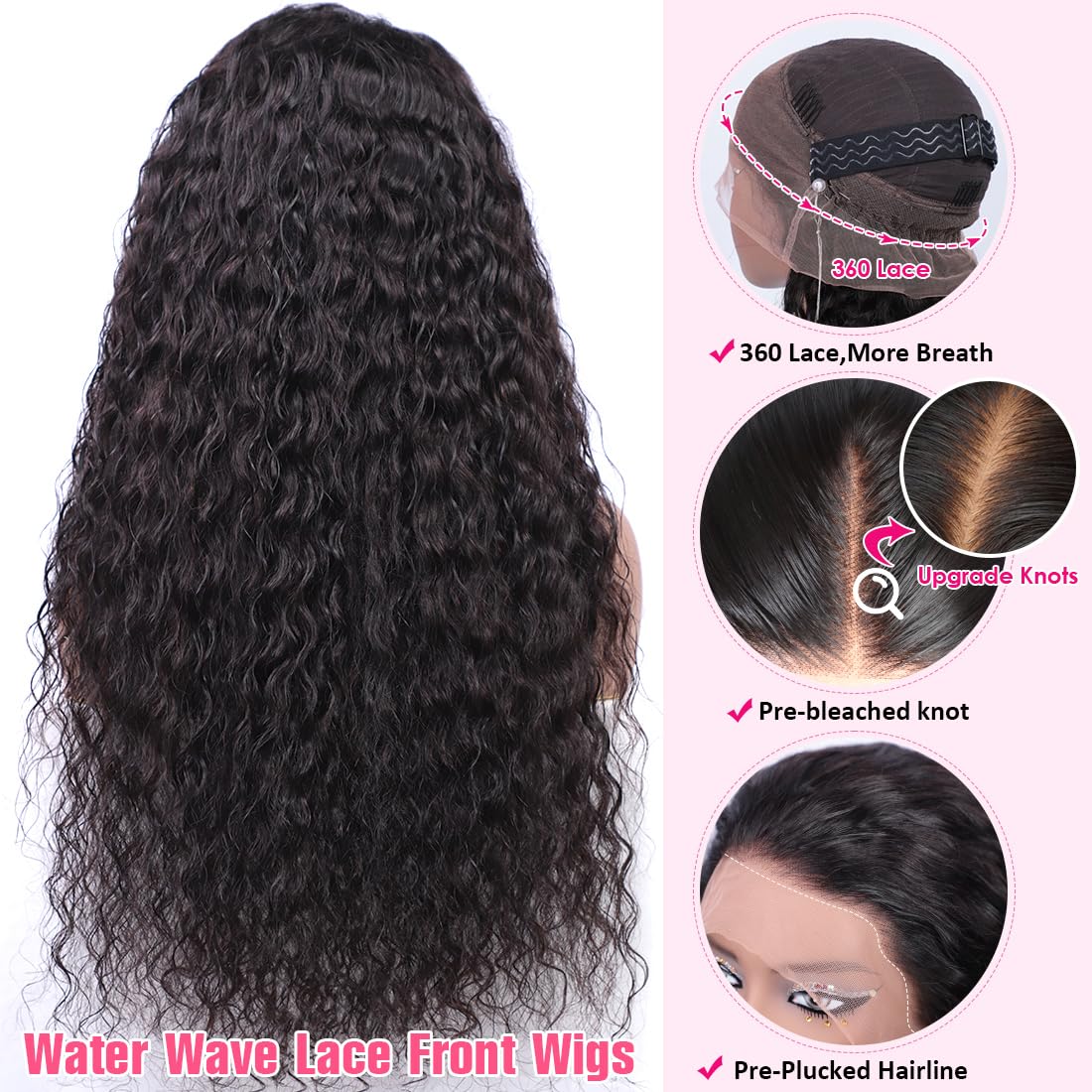 Ebarly Hidden Strap 360 Full Lace Front Wigs Human Hair Pre Plucked Bleached Knots 180 Density Water Wave HD Lace Frontal Wig with Drawstring Natural Hairline Glueless Wigs for Women(24 inch)