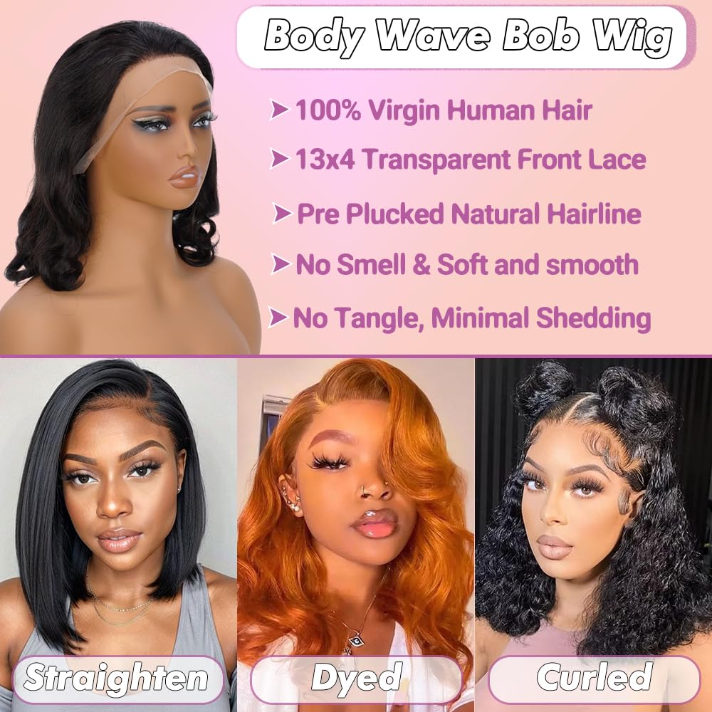FASCARA Bob Wig Human Hair 13x4 Lace Frontal Body Wave HD Transparent Lace Front Wigs Human Hair 180% Density Pre Plucked with baby hair Glueless Short Bob Wigs for Women Natural Color 12 Inch