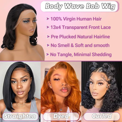 FASCARA Body Wave Bob Wigs Human Hair 13x4 Lace Front Wigs 180% Density HD Transparent Lace Frontal Wigs Human Hair Pre Plucked with baby hair Glueless Short Bob Wigs for Women Wigs 14 Inch