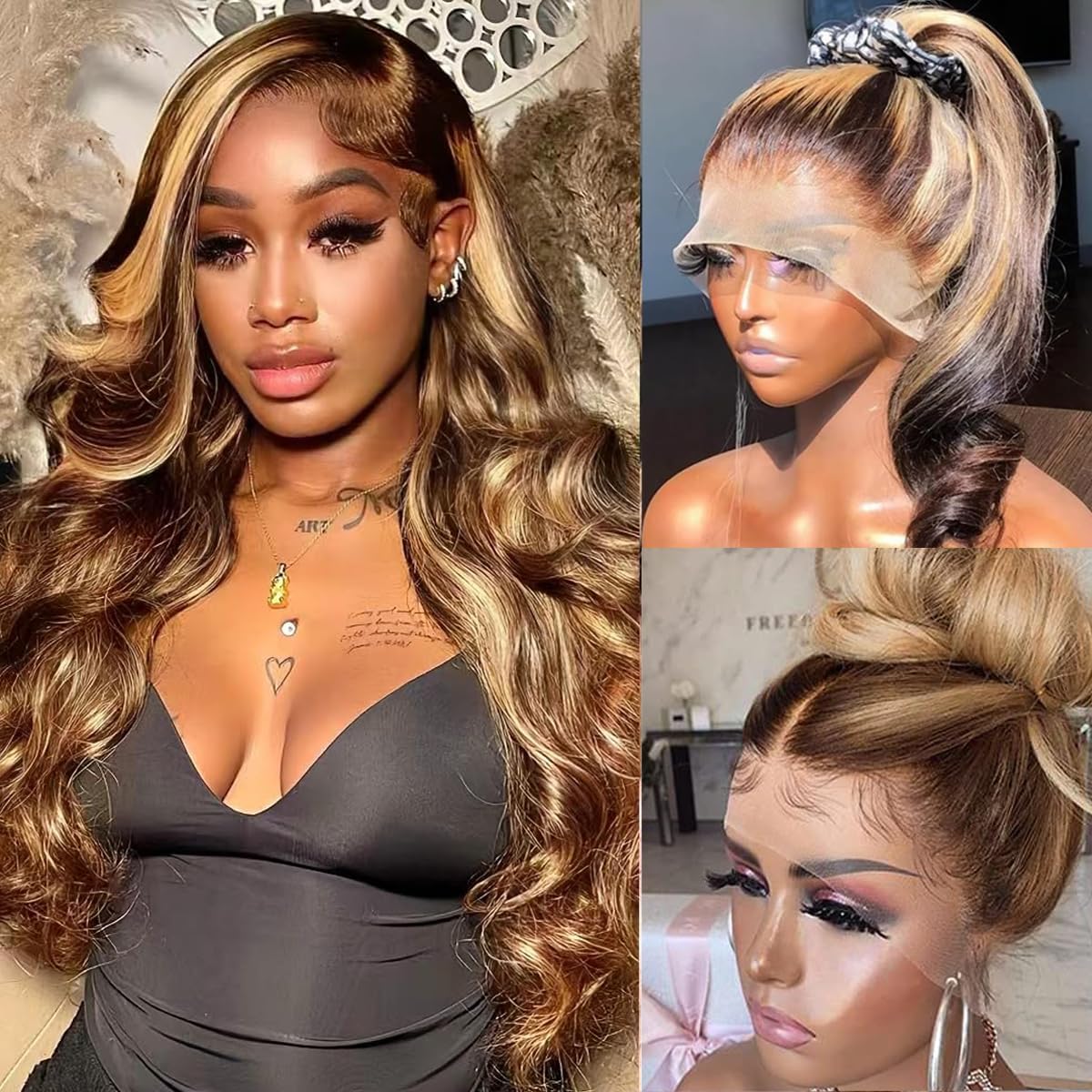 Atilck 360 Lace Front Wigs Human Hair Full Lace Human hair Wigs Ombre Lace Frontal 180 Density 4/27 Colored Honey Blonde 360 HD Transparent Wigs for Black Women (4/27, 12 Inch)