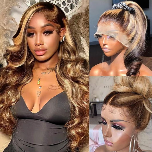 Atilck 360 Lace Front Wigs Human Hair Full Lace Human hair Wigs Ombre Lace Frontal 180 Density 4/27 Colored Honey Blonde 360 HD Transparent Wigs for Black Women (4/27, 12 Inch)