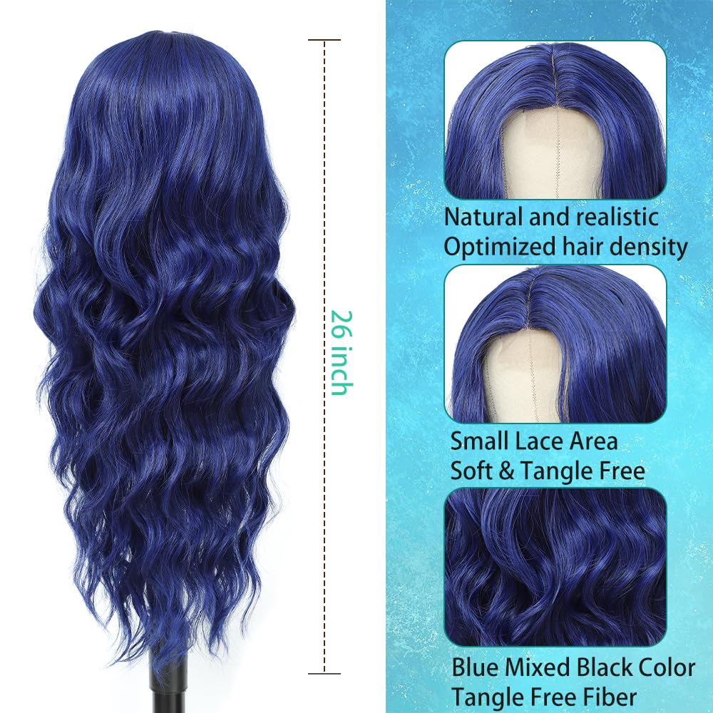Blue Mixed Black Wigs for Women Long Wavy Blue Wig Natural Middle Part Synthetic Curly Hair Heat Resistant Fiber Hair Replacement Wigs for Daily Party