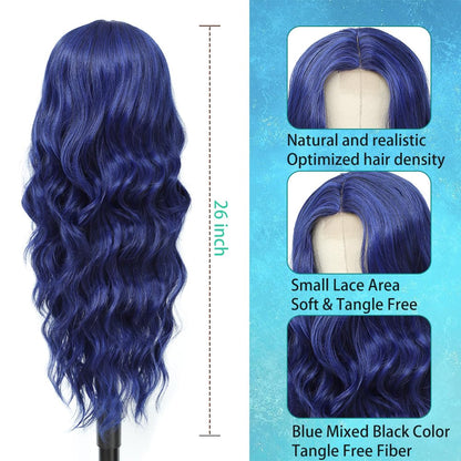 Blue Mixed Black Wigs for Women Long Wavy Blue Wig Natural Middle Part Synthetic Curly Hair Heat Resistant Fiber Hair Replacement Wigs for Daily Party