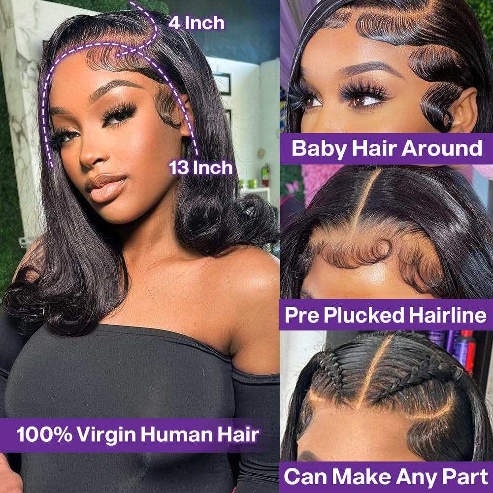 HIRIREMY Bob Wig Human Hair 13x4 HD Lace Frontal Short Straight Lace Front Bob Wigs for Black Women Human Hair Pre Plucked Glueless Side Part 180% Density Black Color 16 Inch