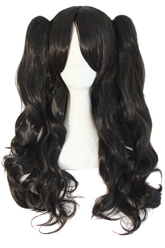 MapofBeauty 28"/70cm Lolita Long Curly Clip on Ponytails Cosplay Wig (Jet Black)