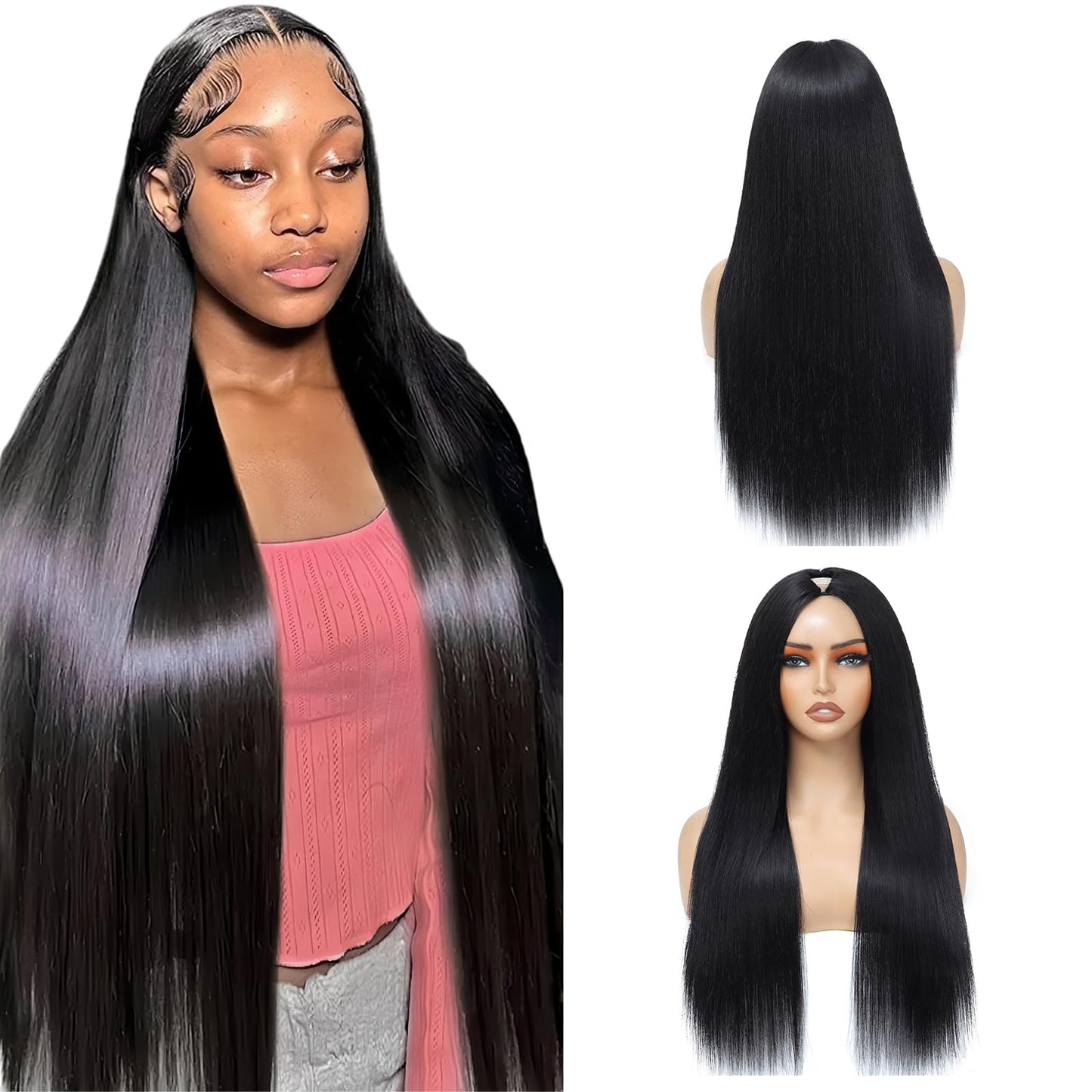V Part Wig Human Hair Straight Human Hair Wigs Upgrade U Part Human Hair Wig for Women No Leave Out No Sew In 200% Density Natural Color 24 Inch