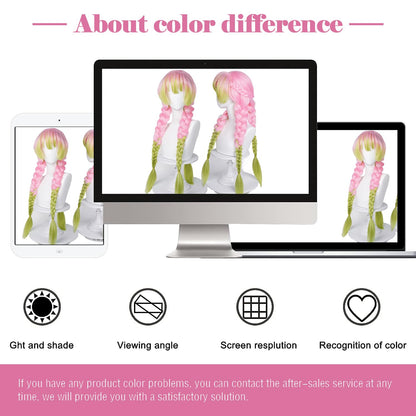 Max Beauty Anime Pink and Green Wig for Mitsuri Cosplay Braided Hair Wig with Pigtails Halloween Party + Cap