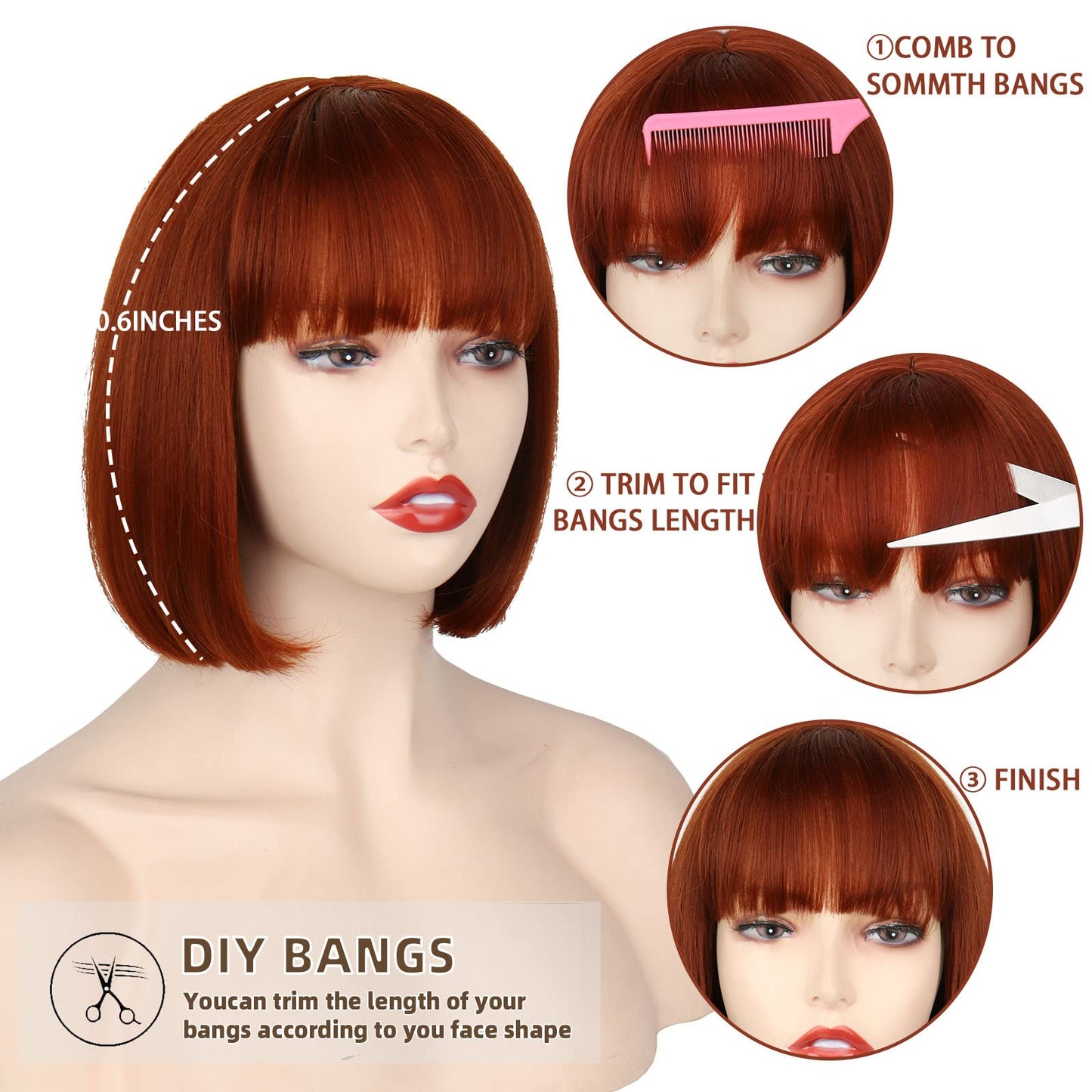 WERD Auburn Red Wig Bangs, Short Red Bob Wig for Women, Auburn Bob with Bangs for Daily Party Cosplay