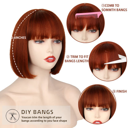 WERD Auburn Red Wig Bangs, Short Red Bob Wig for Women, Auburn Bob with Bangs for Daily Party Cosplay