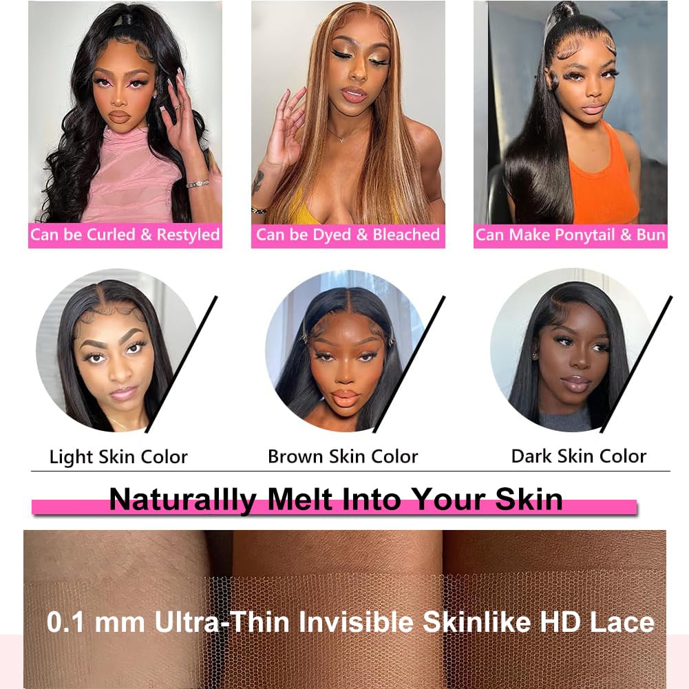 CUTE BEIN [2-Year Life, 100% Human Hair, 250g/pc, 250% Density 13x6 HD Straight Lace Front Wigs Human Hair Pre Plucked, [0.1mm Ultra-Thin HD Lace], Free Part 28 Inch