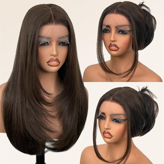 Glueless Synthetic Lace Front Wig 26 Inches Long Straight Wigs for Black Women 13x5x1 HD Lace Hand Tied Pre Plucked Hairline (#4 Chocolate Brown, 26 Inch)