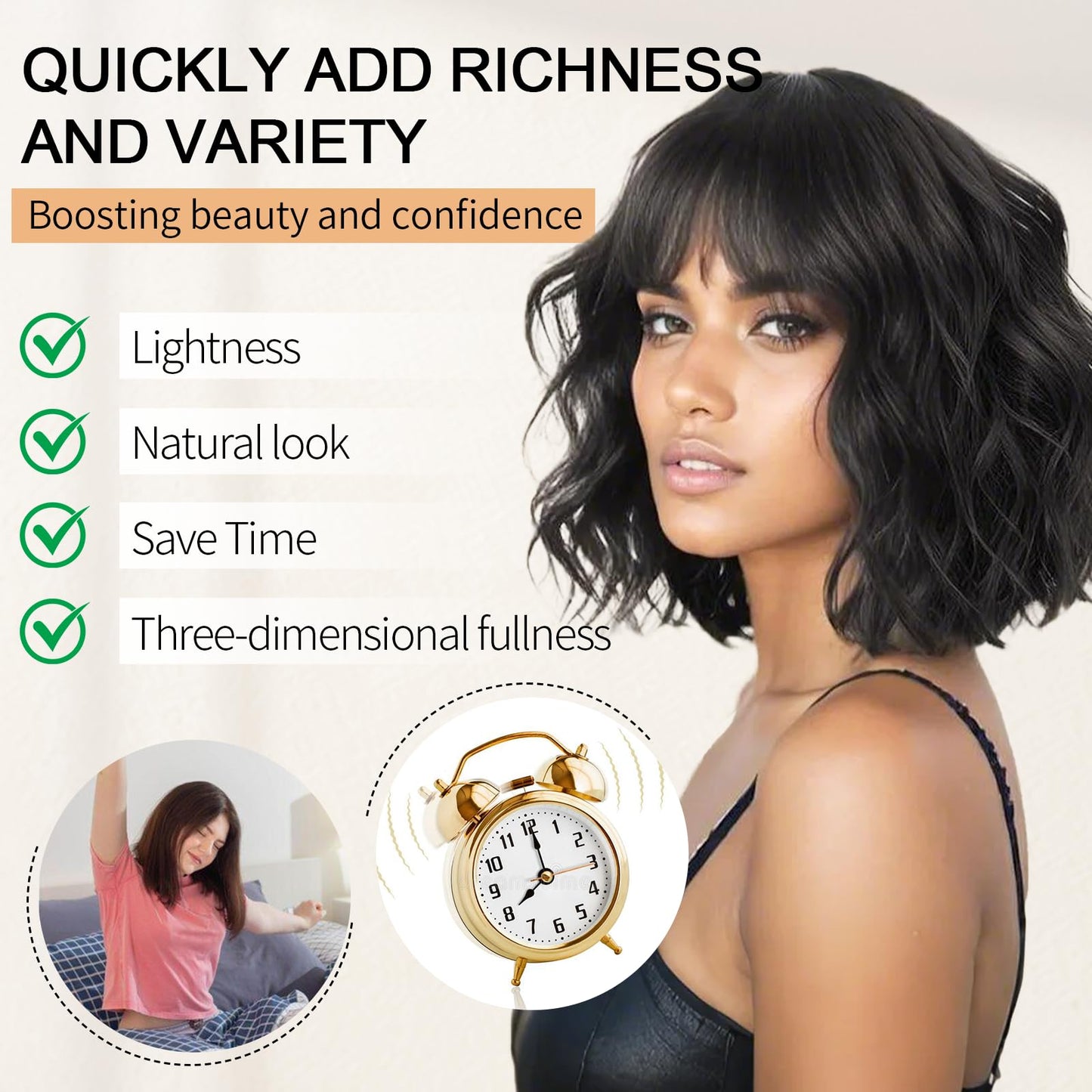 AGO Natural Black Wigs with Bangs Short Bob Wig Shoulder Length Synthetic Hair for Women Girl Loose Wavy Wig Heat Resistant Fiber Hair for Daily Party Halloween Cosplay Use(2/4#Black)