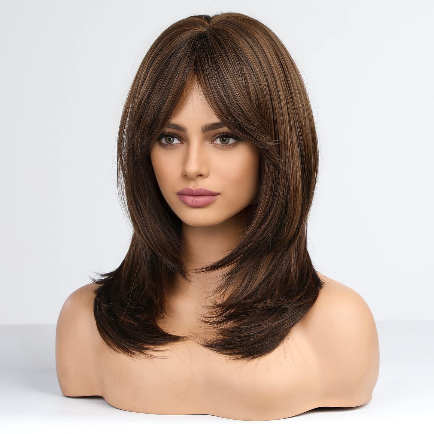 Alanhair Brown Wigs for Women,HAIRCUBE Long Layered Wigs with Bangs Heat Resistant Synthetic Fibre Wigs