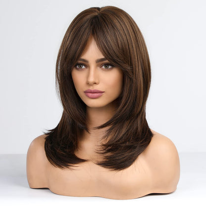 Alanhair Brown Wigs for Women,HAIRCUBE Long Layered Wigs with Bangs Heat Resistant Synthetic Fibre Wigs