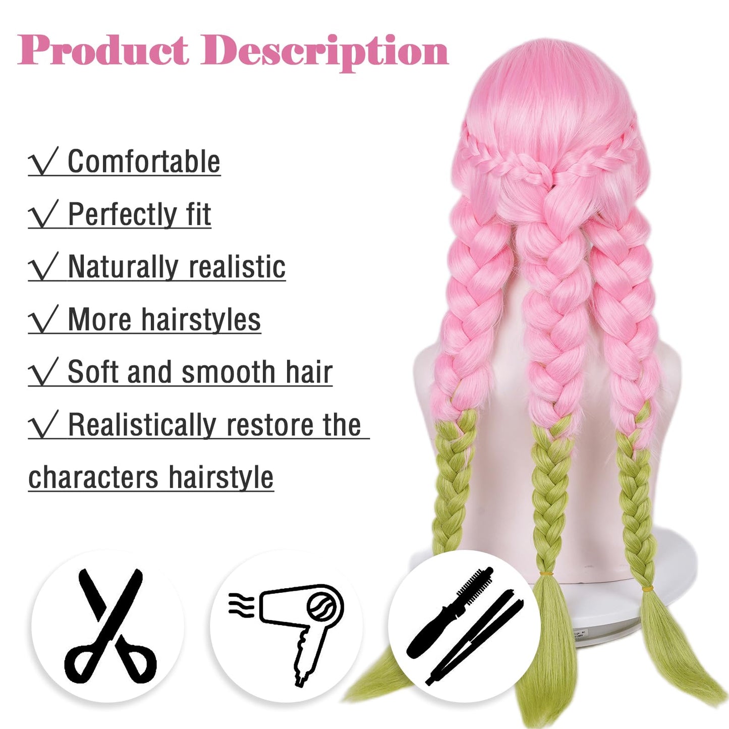 Max Beauty Anime Pink and Green Wig for Mitsuri Cosplay Braided Hair Wig with Pigtails Halloween Party + Cap