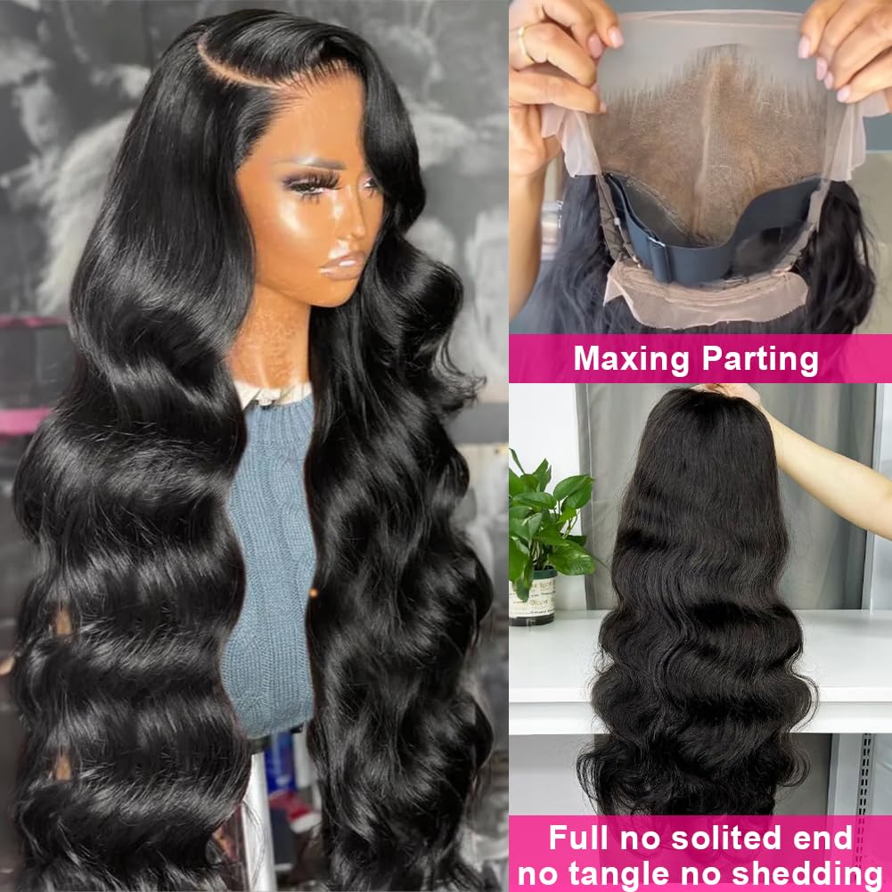 Wingirl 13x6 Body Wave Lace Front Wigs Human Hair Pre Plucked 180 Density HD Transparent Full Lace Frontal Wigs Human Hair for Women with Baby Hair Natural Black Color 22Inch