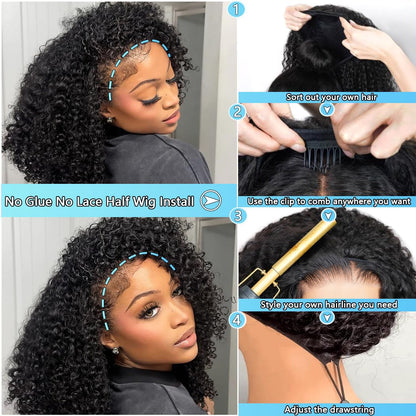 QUANDIAN Wear Go Kinky Curly Half Wig Human Hair 18 Inch Glueless Wigs Human Hair 200% Density 3 In 1 Half Wigs for Black Women Curly Seamless Flip Wig Invisible Hairline Beginner Friendly