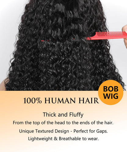 JuneMet 12 Inch Wig with Bangs Human Hair Bob Water Wave 2x4 HD Lace Closure Front Curly Wigs Human Hair Bang Wig Glueless Ready to Wear and Go for Beginners 100% Brazilian Human Hair for Black Women