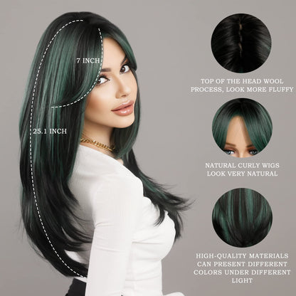 7JHH WIGS Long Straight Wigs with Curtain Bangs,Green Highlight Layered Wig for Women Synthetic High Density Heat Resistant Hair Wig for Daily Party 24 Inches