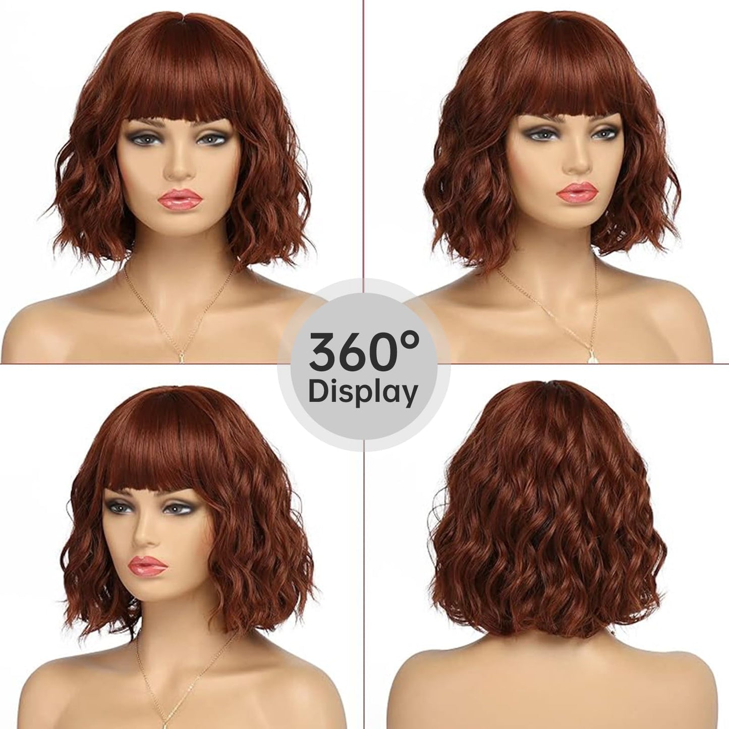 EssionTech Short Auburn Wigs for Women Dark Ginger Wig with Bangs Wigs Natural Looking Curly Hair Medium Length Synthetic Bob Wig Wavy Colorful Wigs（12 Inches）