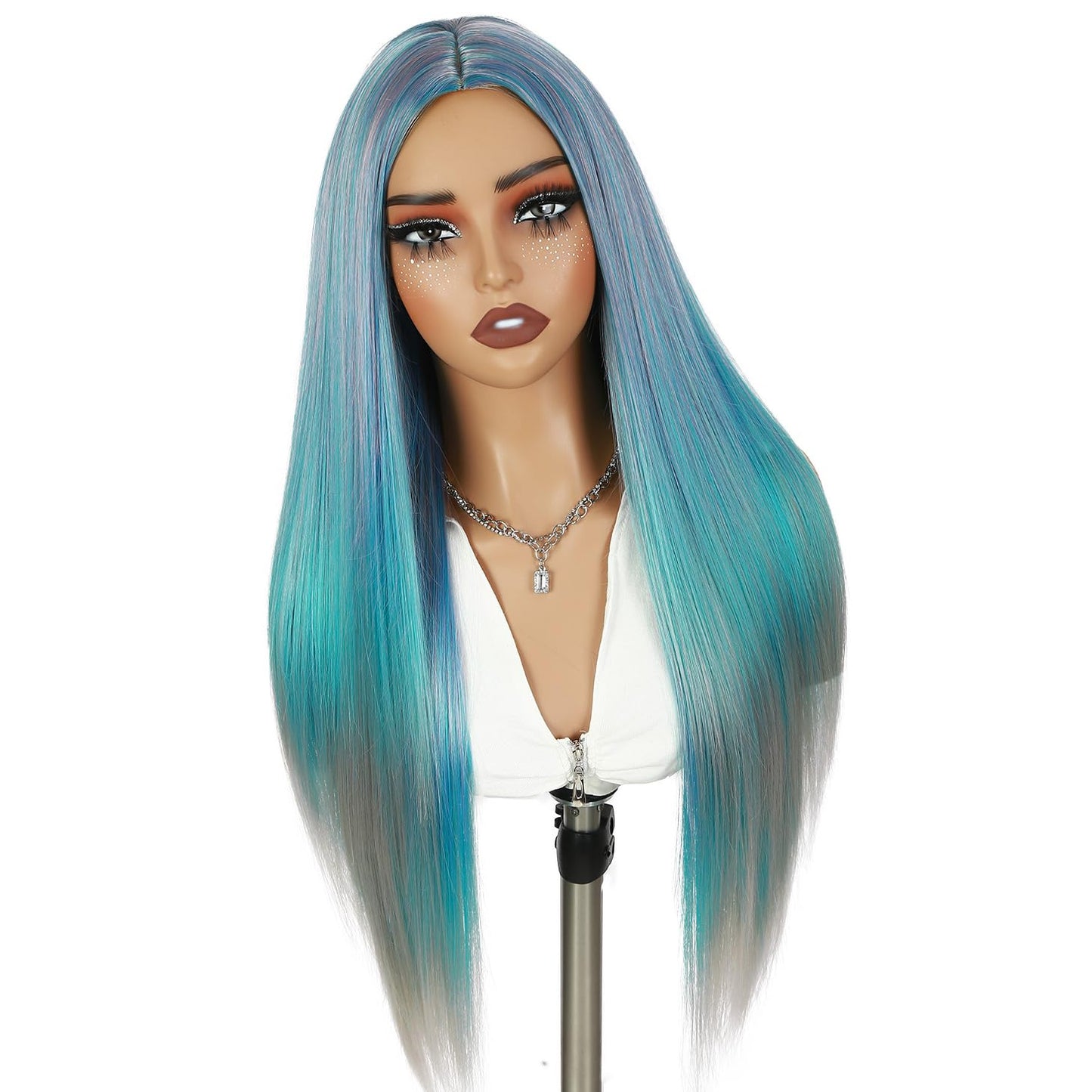 WIGER 28 Inches Long Straight Rainbow Wigs Bluish Green Layered Hair Middle Part Piano Color Wigs Synthetic Mermaid Wig Heat Resistant Costumes Wig for Daily or Party